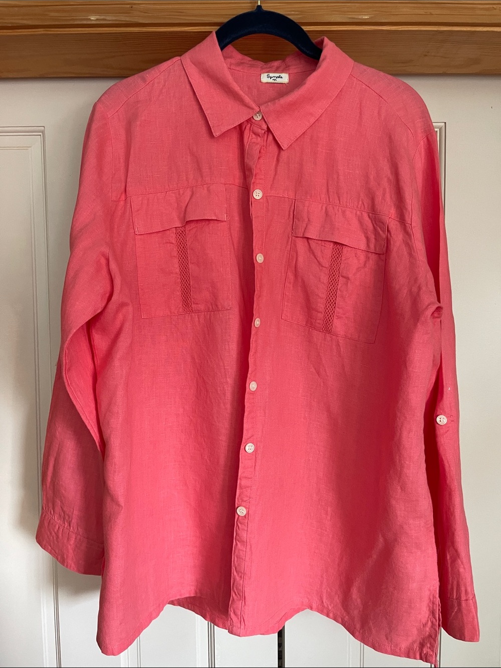 Women’s Pink Button-Down Linen Shirt with Chest Embroidered Pockets Size XL
